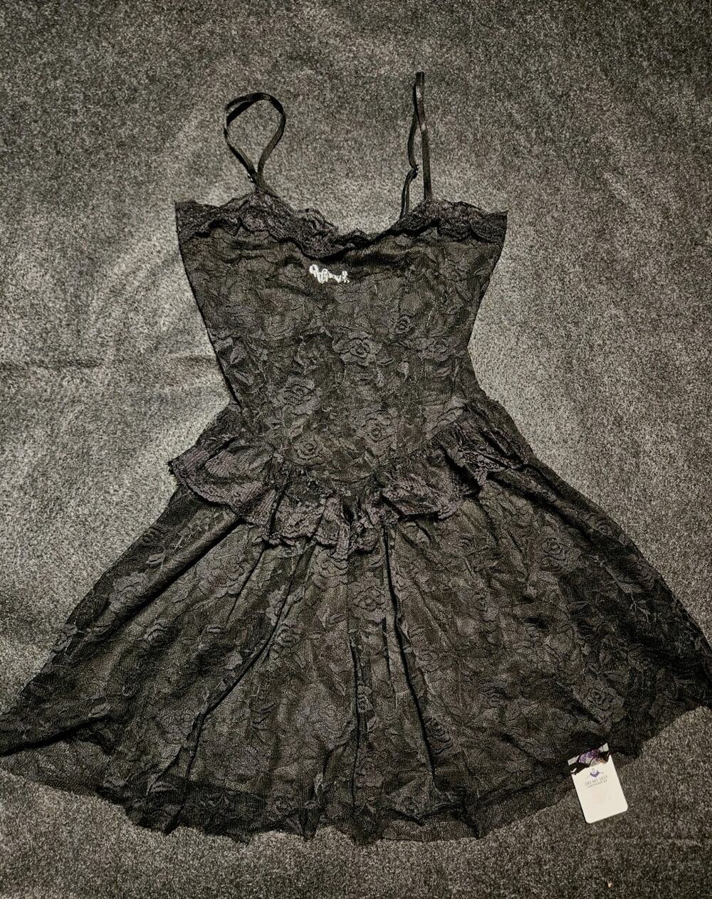 NWT Black Lace Mini Dress Coquette Y2K Fairycore Slip Ruffle Strap Camisole